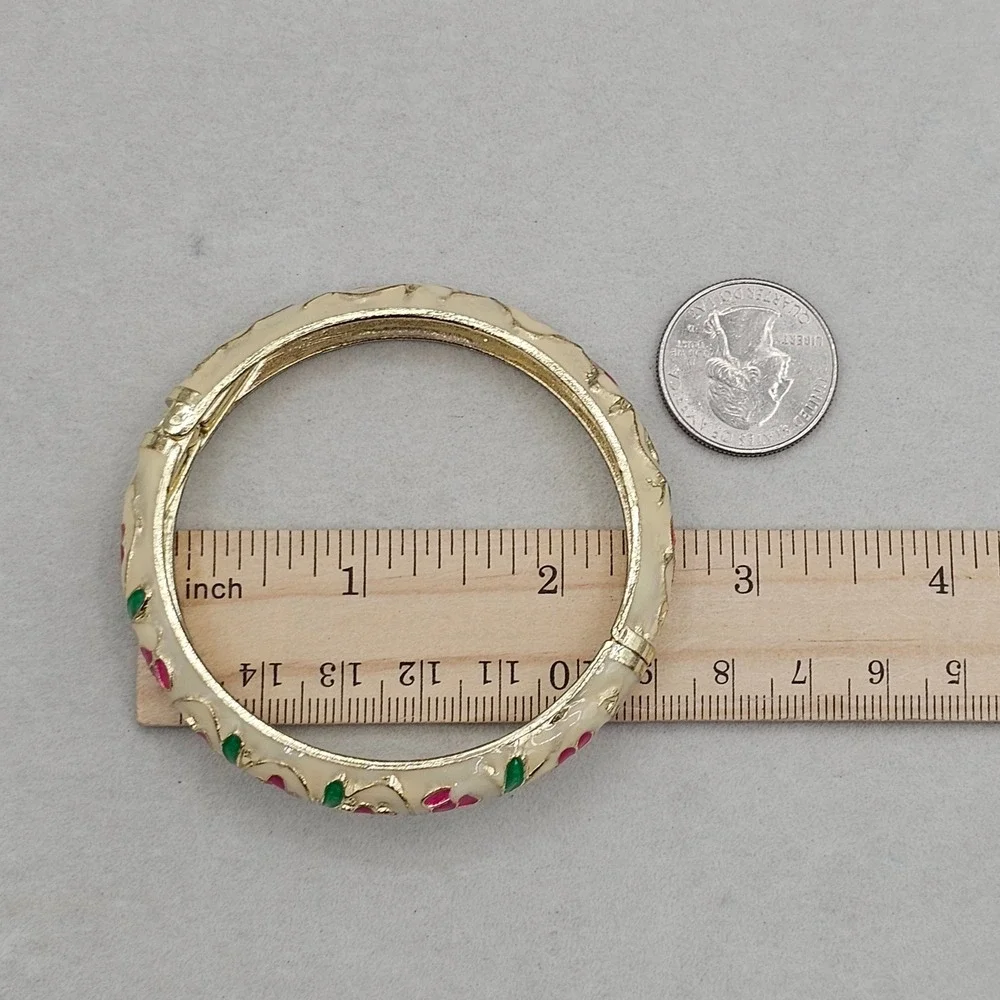 Enamel Floral Clamper Bracelet Cream Pink Gold Tone Hinged 7 Inch
